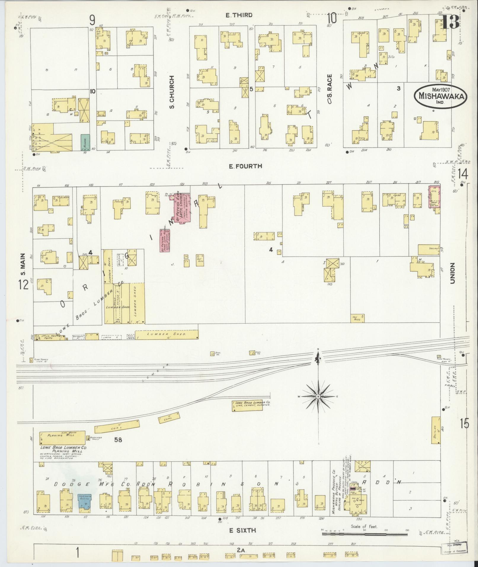 Sanborn Fire Insurance Map from Mishawaka, Saint Joseph County, Indiana (1907), Sheet #0013 - Complete Map Set gallery image, historic Sanborn map, vintage wall art, Indiana Indiana
