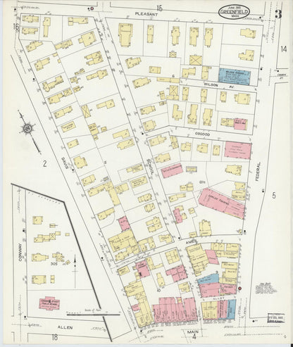 Sanborn Fire Insurance Map from Greenfield, Franklin County, Massachusetts (1914), Sheet #0003 - Historic Sanborn Fire Insurance Map Print, vintage old map wall art, antique decor, genealogy gift, Massachusetts Massachusetts map