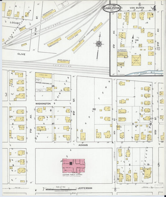 Sanborn Fire Insurance Map from Charleston, Coles County, Illinois (1919), Sheet #0004 - Historic Sanborn Fire Insurance Map Print, vintage old map wall art, antique decor, genealogy gift, Illinois Illinois map
