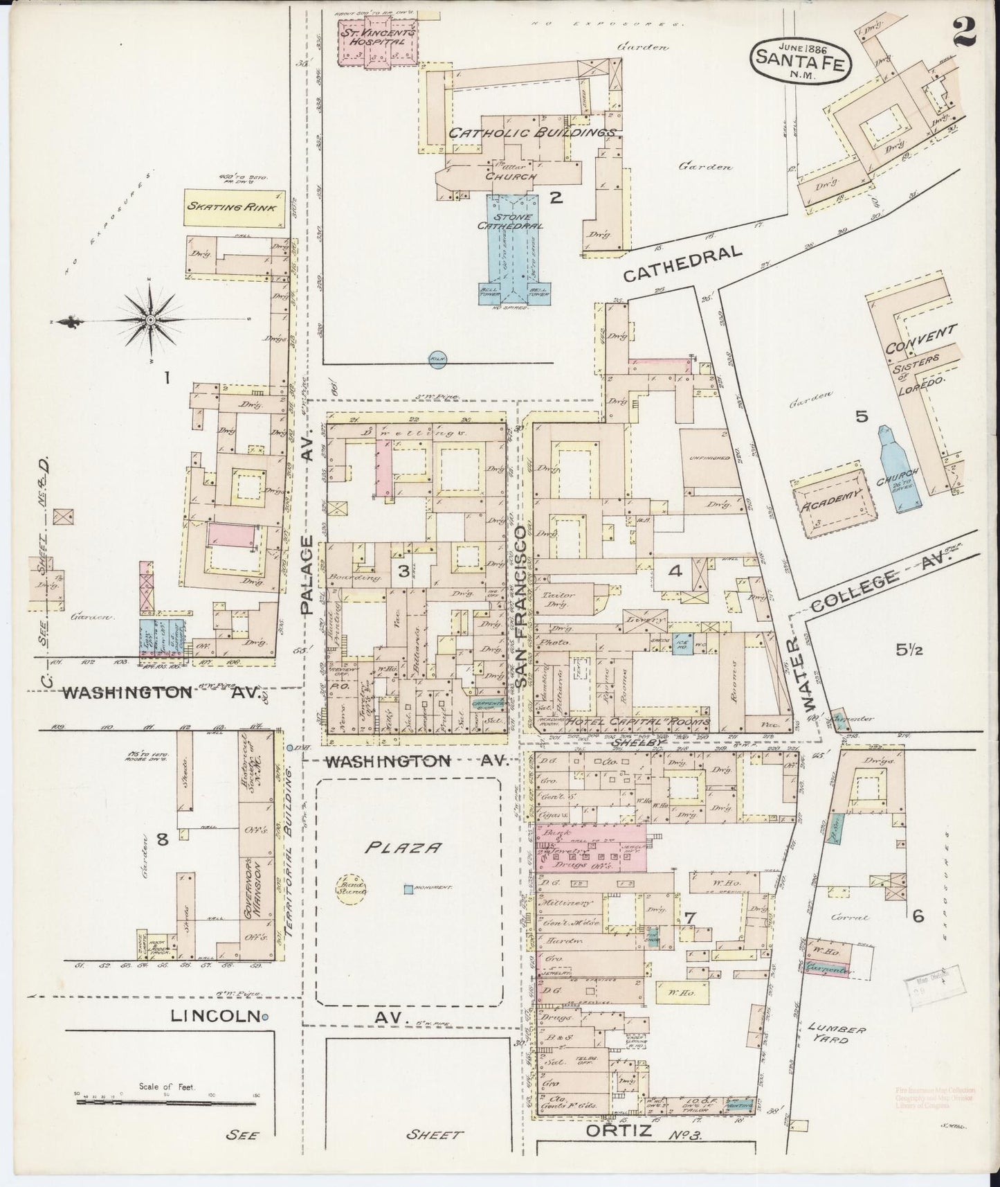 Sanborn Fire Insurance Map from Santa Fe, Santa Fe County, New Mexico (1886), Sheet #0002 - Historic Sanborn Fire Insurance Map Print, vintage old map wall art, antique decor, genealogy gift, New Mexico New Mexico map