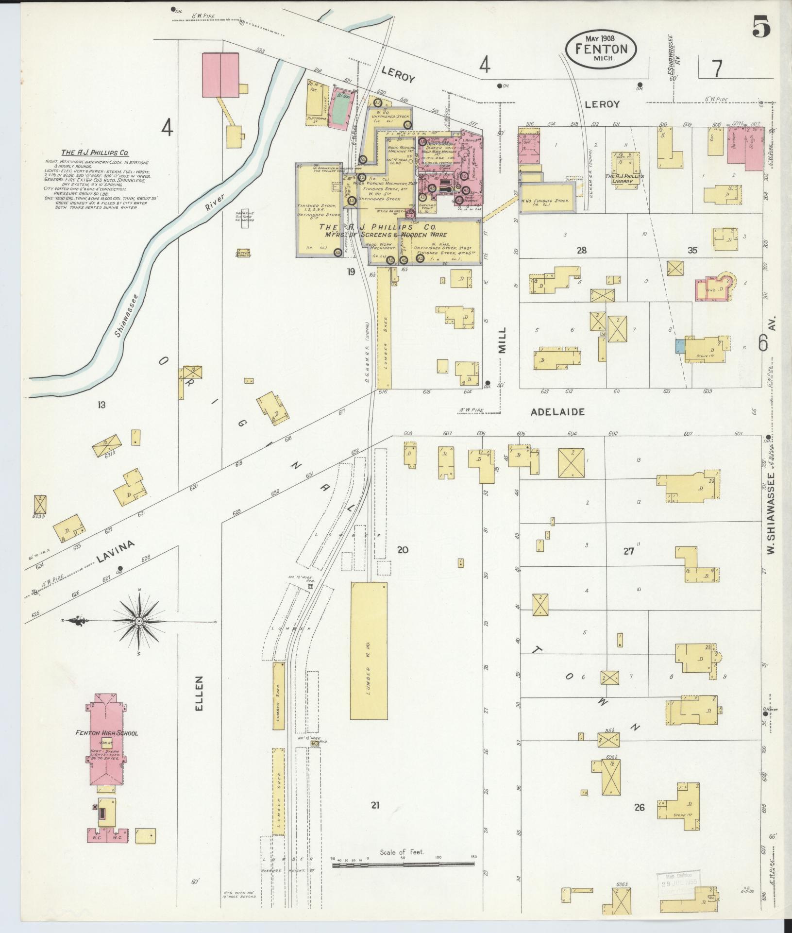 Sanborn Fire Insurance Map from Fenton, Genesee County, Michigan (1908), Sheet #0005 - Historic Sanborn Fire Insurance Map Print, vintage old map wall art, antique decor, genealogy gift, Michigan Michigan map