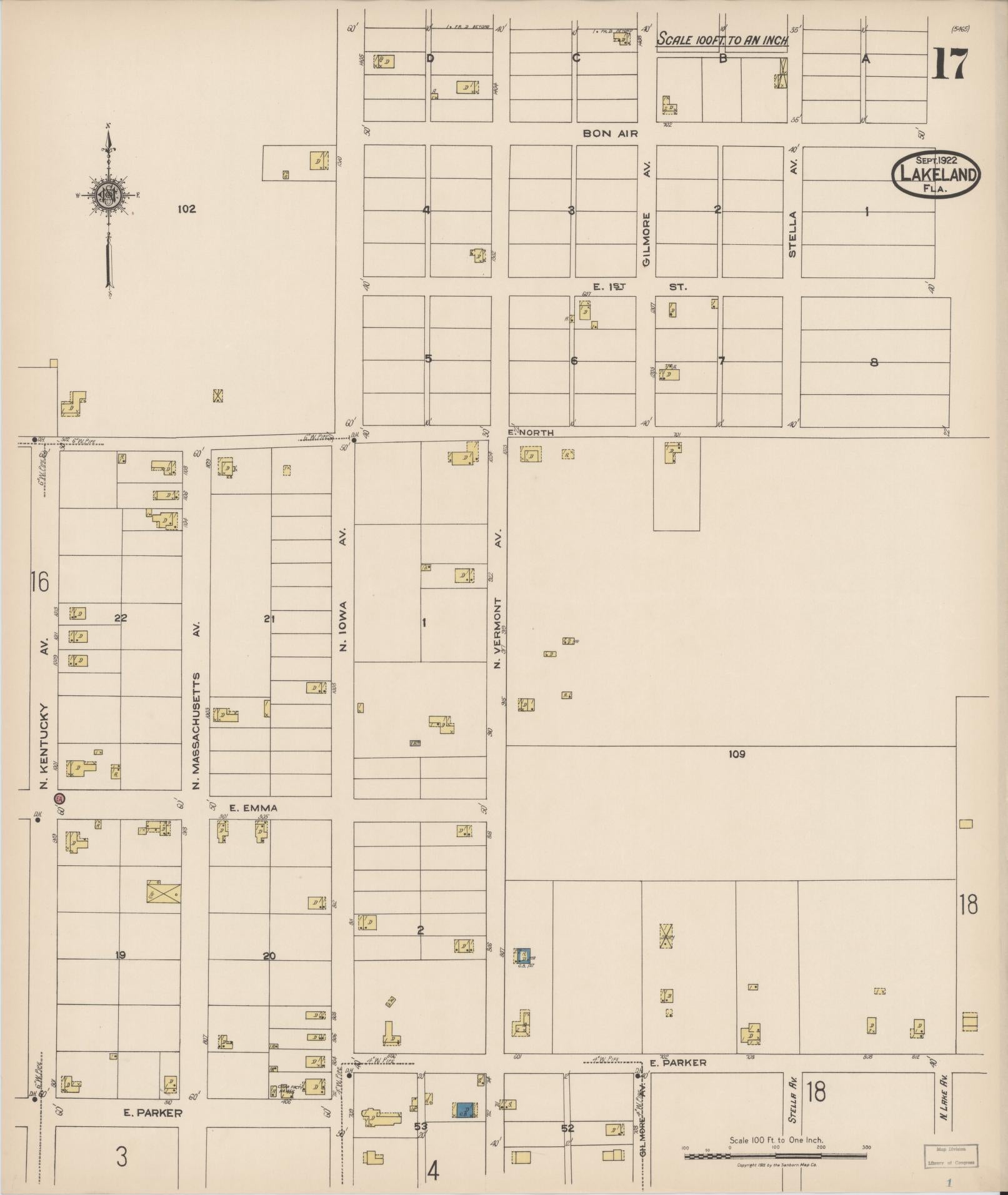 Sanborn Fire Insurance Map from Lakeland, Polk County, Florida (1922), Sheet #0017 - Complete Map Set gallery image, historic Sanborn map, vintage wall art, Florida Florida