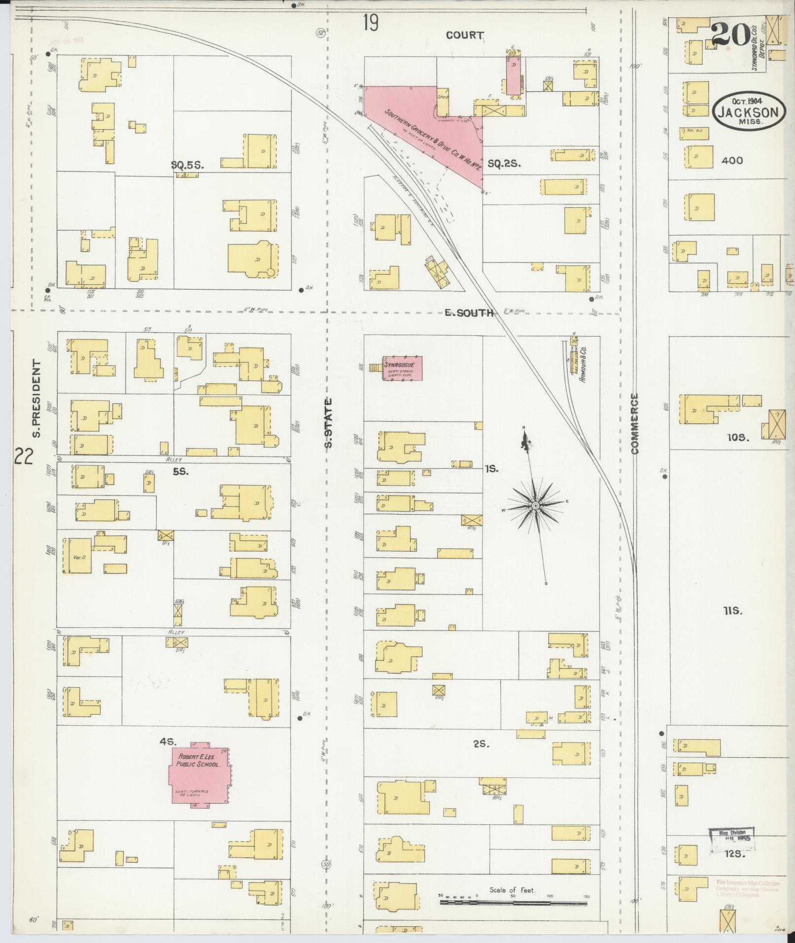 Sanborn Fire Insurance Map from Jackson, Hinds County, Mississippi (1904), Sheet #0020 - Historic Sanborn Fire Insurance Map Print, vintage old map wall art, antique decor, genealogy gift, Mississippi Mississippi map