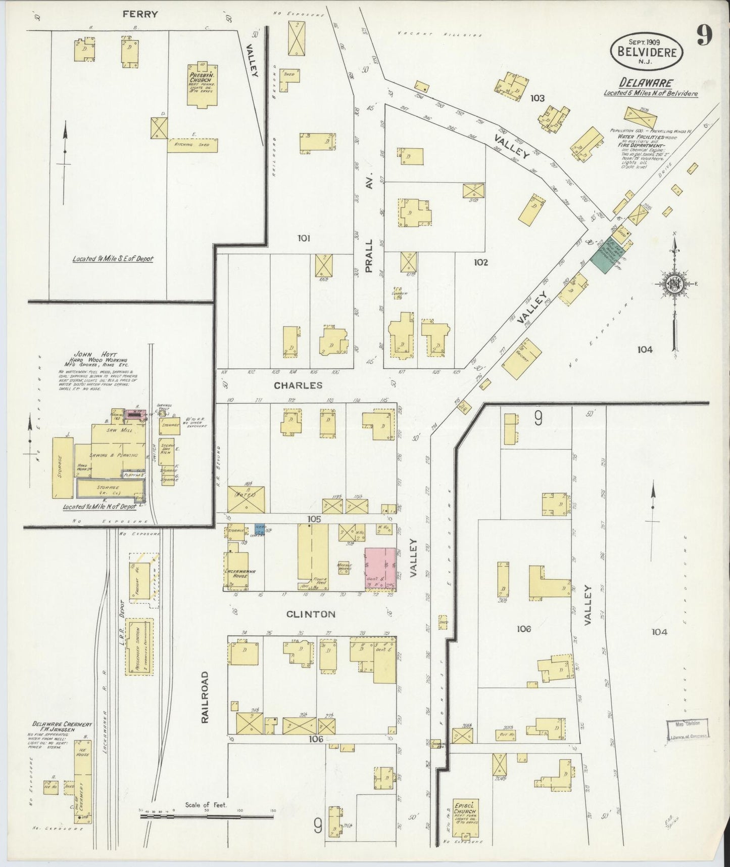 Sanborn Fire Insurance Map from Belvidere, Warren County, New Jersey (1909), Sheet #0009 - Historic Sanborn Fire Insurance Map Print, vintage old map wall art, antique decor, genealogy gift, New Jersey New Jersey map