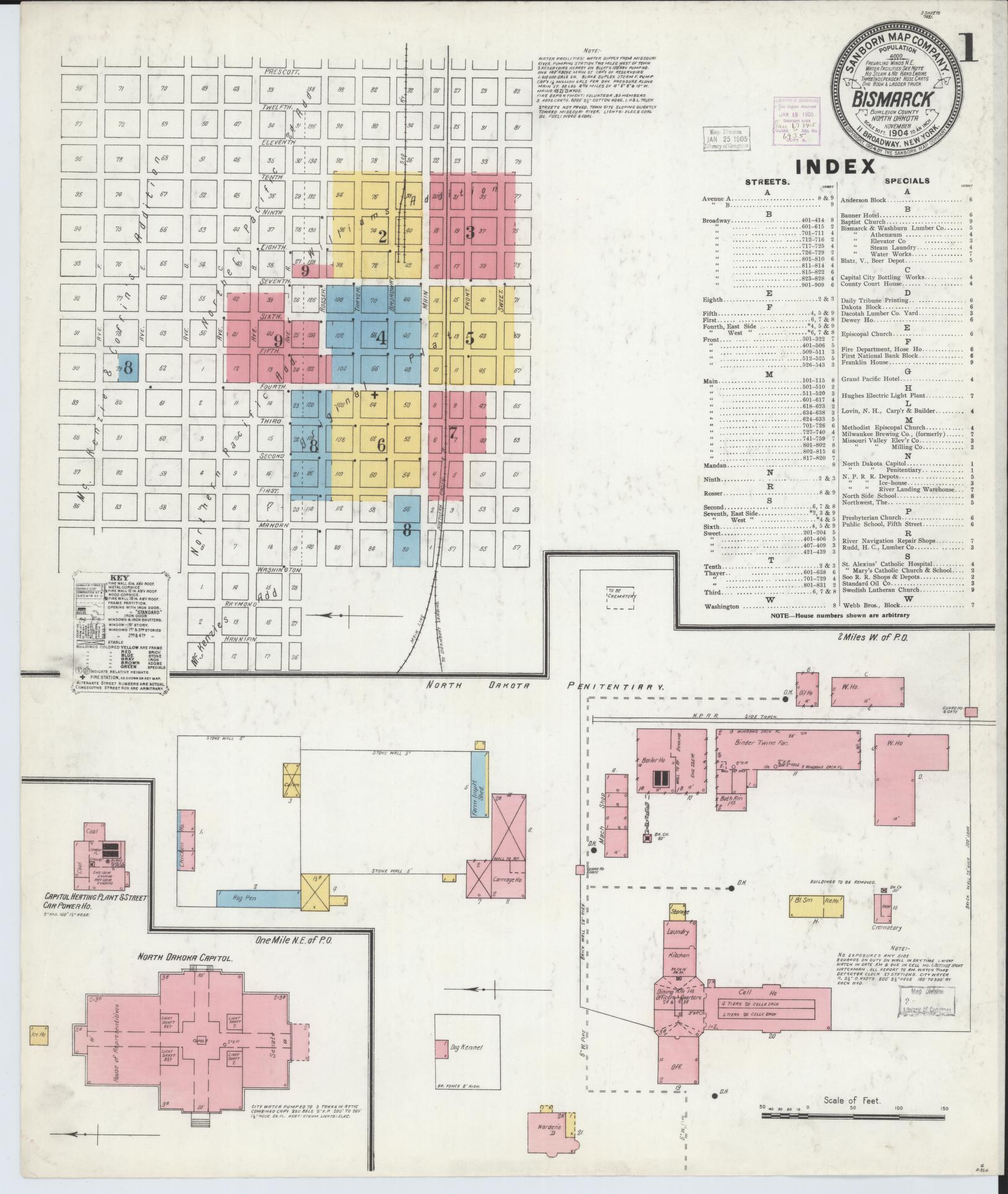 Sanborn Fire Insurance Map from Bismarck, Burleigh County, North Dakota (1904), Sheet #0001 - Complete Map Set gallery image, historic Sanborn map, vintage wall art, North Dakota North Dakota