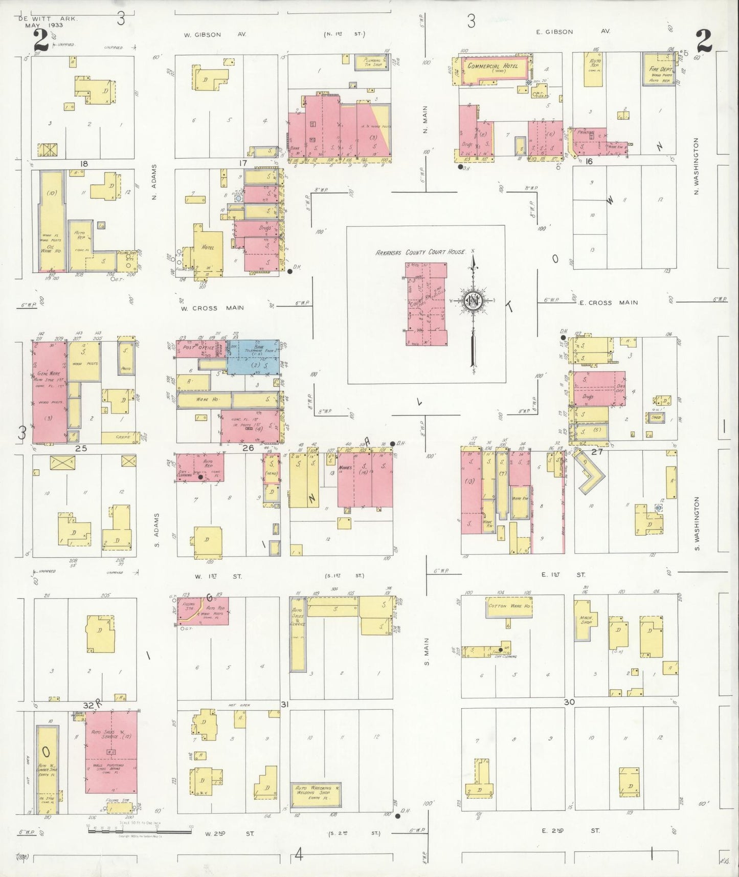 Sanborn Fire Insurance Map from De Witt, Arkansas County, Arkansas (1933), Sheet #0002 - Complete Map Set gallery image, historic Sanborn map, vintage wall art, De Witt Arkansas