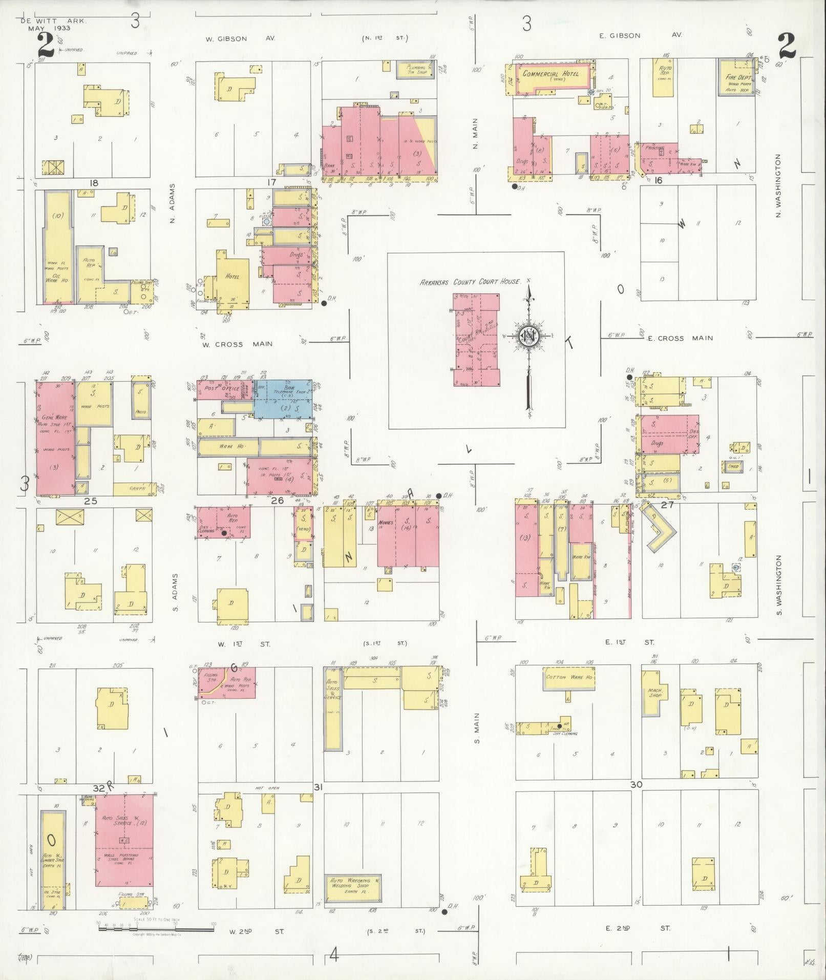 Sanborn Fire Insurance Map from De Witt, Arkansas County, Arkansas (1933), Sheet #0002 - Complete Map Set gallery image, historic Sanborn map, vintage wall art, De Witt Arkansas