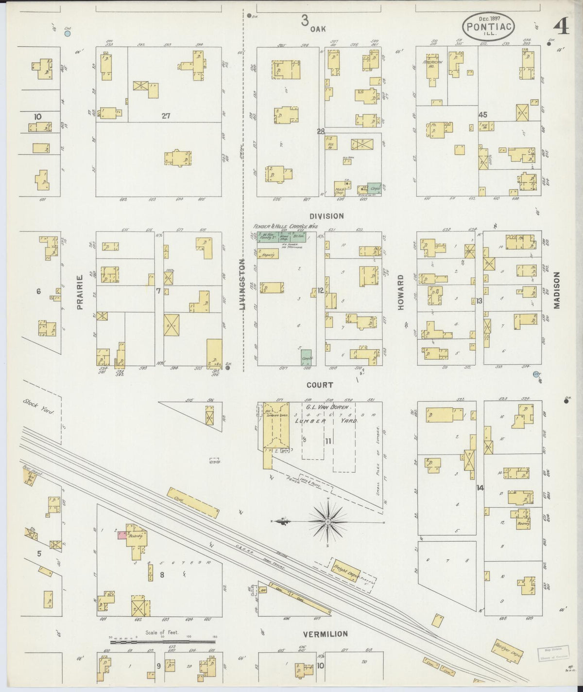 Sanborn Fire Insurance Map from Pontiac, Livingston County, Illinois (1897), Sheet #0004 - Complete Map Set gallery image, historic Sanborn map, vintage wall art, Illinois Illinois
