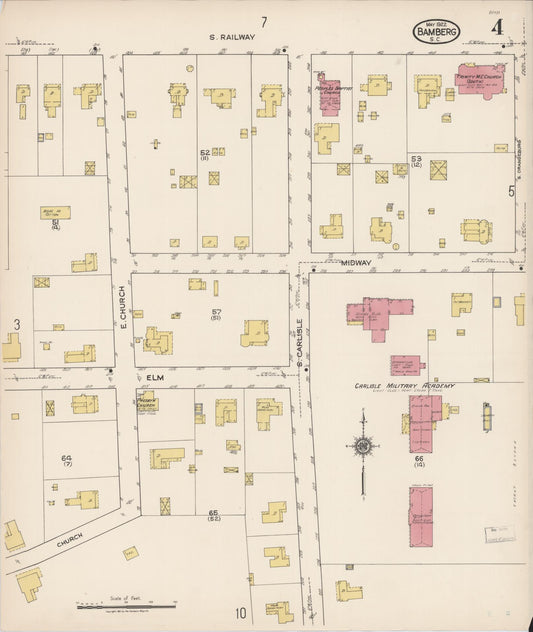 Sanborn Fire Insurance Map from Bamberg, Bamberg County, South Carolina (1922), Sheet #0004 - Historic Sanborn Fire Insurance Map Print, vintage old map wall art, antique decor, genealogy gift, South Carolina South Carolina map