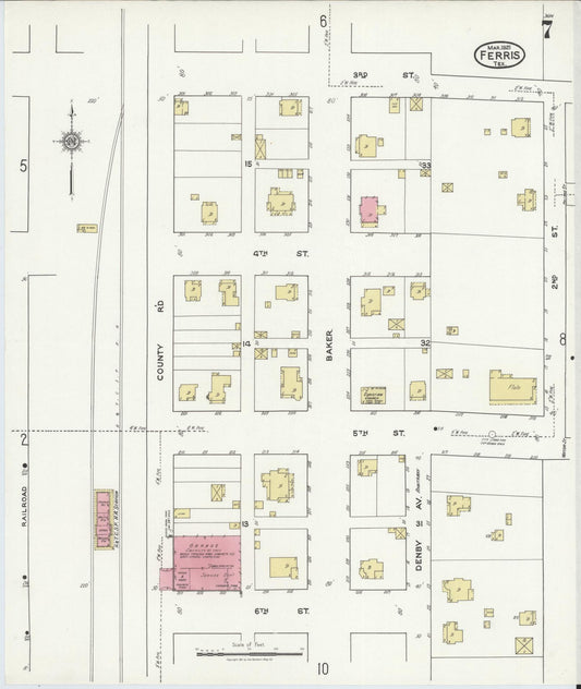 Sanborn Fire Insurance Map from Ferris, Ellis County, Texas (1921), Sheet #0007 - Historic Sanborn Fire Insurance Map Print, vintage old map wall art, antique decor, genealogy gift, Texas Texas map