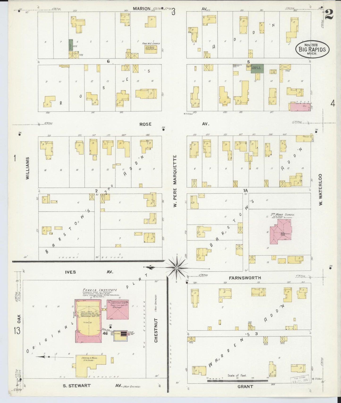 Sanborn Fire Insurance Map from Big Rapids, Mecosta County, Michigan (1908), Sheet #0002 - Complete Map Set gallery image, historic Sanborn map, vintage wall art, Michigan Michigan
