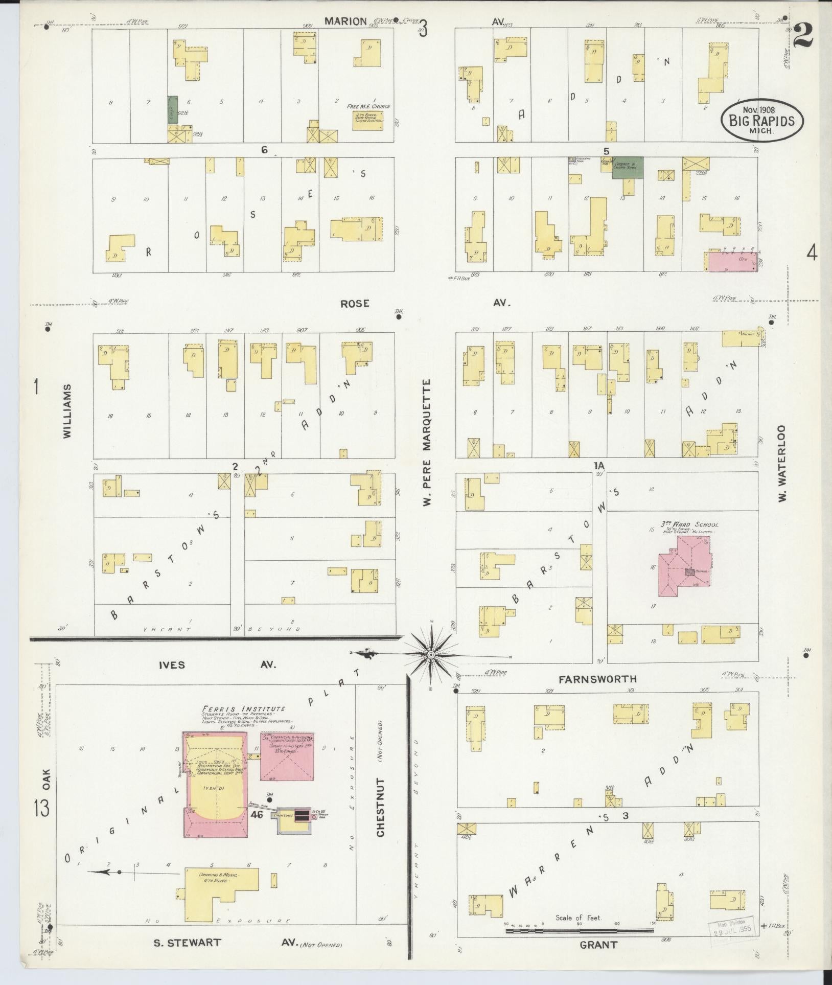 Sanborn Fire Insurance Map from Big Rapids, Mecosta County, Michigan (1908), Sheet #0002 - Complete Map Set gallery image, historic Sanborn map, vintage wall art, Michigan Michigan