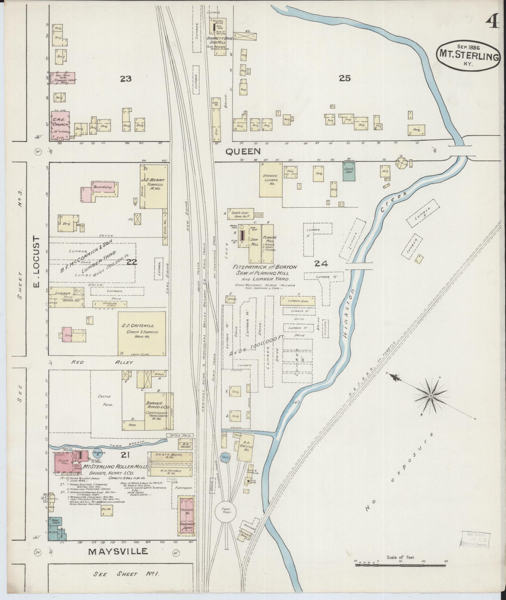 Sanborn Fire Insurance Map from Mount Sterling, Montgomery County, Kentucky (1886), Sheet #0004 - Historic Sanborn Fire Insurance Map Print, vintage old map wall art, antique decor, genealogy gift, Kentucky Kentucky map