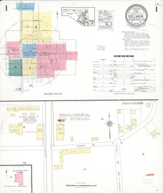 Sanborn Fire Insurance Map from Delmar, Sussex County, Del., And Wicomico County, MD, Delaware (1923), Sheet #0001 - Historic Sanborn Fire Insurance Map Print, vintage old map wall art, antique decor, genealogy gift, Delaware Delaware map