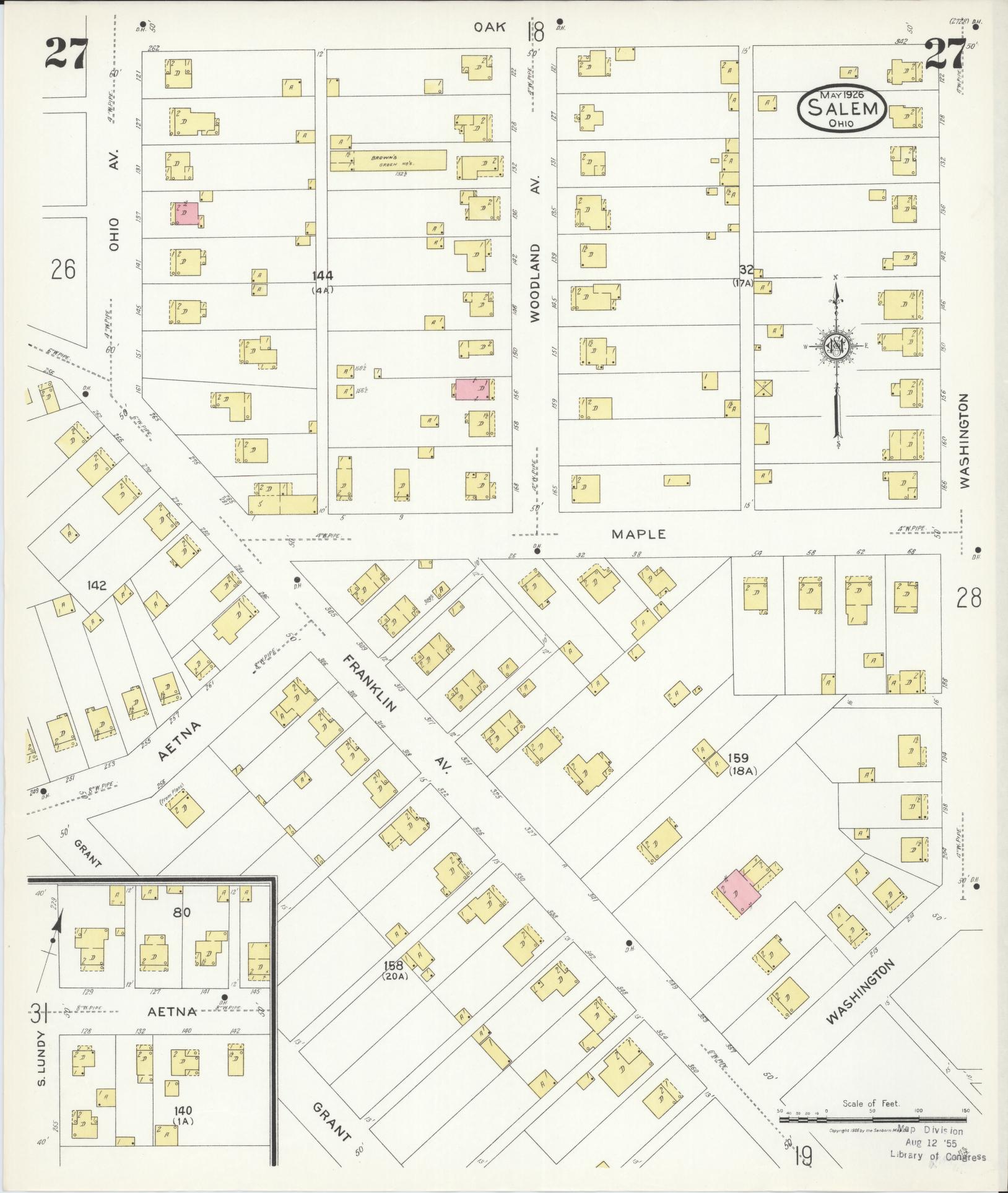 Sanborn Fire Insurance Map from Salem, Columbiana County, Ohio (1926), Sheet #0027 - Historic Sanborn Fire Insurance Map Print, vintage old map wall art, antique decor, genealogy gift, Ohio Ohio map