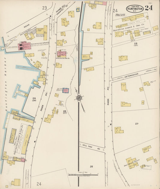 Sanborn Fire Insurance Map from Huntington, Suffolk County, New York (1922), Sheet #0024 - Historic Sanborn Fire Insurance Map Print, vintage old map wall art, antique decor, genealogy gift, New York New York map