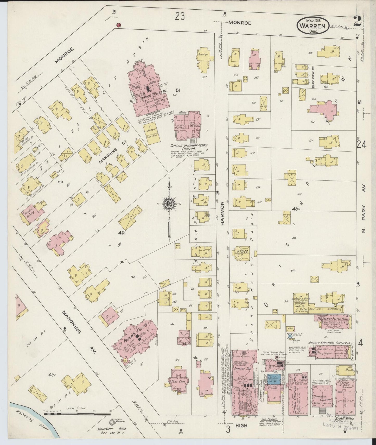 Sanborn Fire Insurance Map from Warren, Trumbull County, Ohio (1915), Sheet #0002 - Historic Sanborn Fire Insurance Map Print, vintage old map wall art, antique decor, genealogy gift, Ohio Ohio map