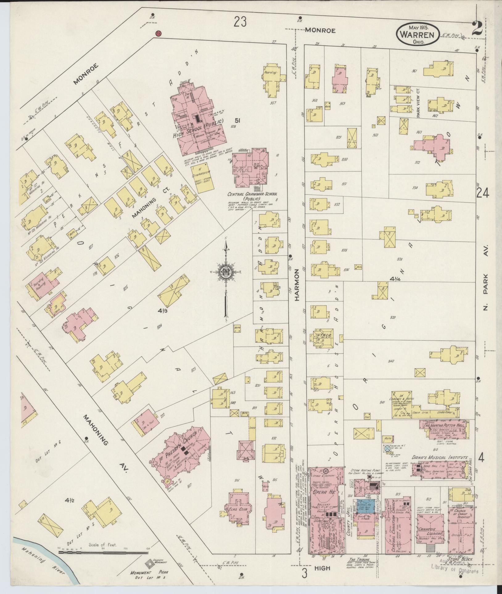 Sanborn Fire Insurance Map from Warren, Trumbull County, Ohio (1915), Sheet #0002 - Historic Sanborn Fire Insurance Map Print, vintage old map wall art, antique decor, genealogy gift, Ohio Ohio map