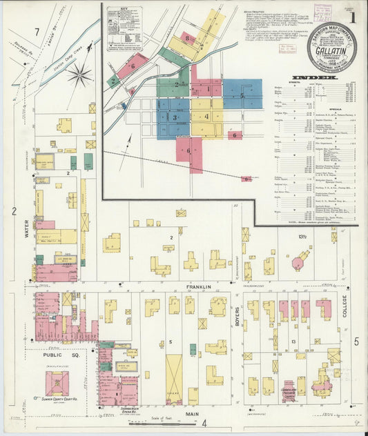 Sanborn Fire Insurance Map from Gallatin, Sumner County, Tennessee (1908), Sheet #0001 - Historic Sanborn Fire Insurance Map Print, vintage old map wall art, antique decor, genealogy gift, Tennessee Tennessee map