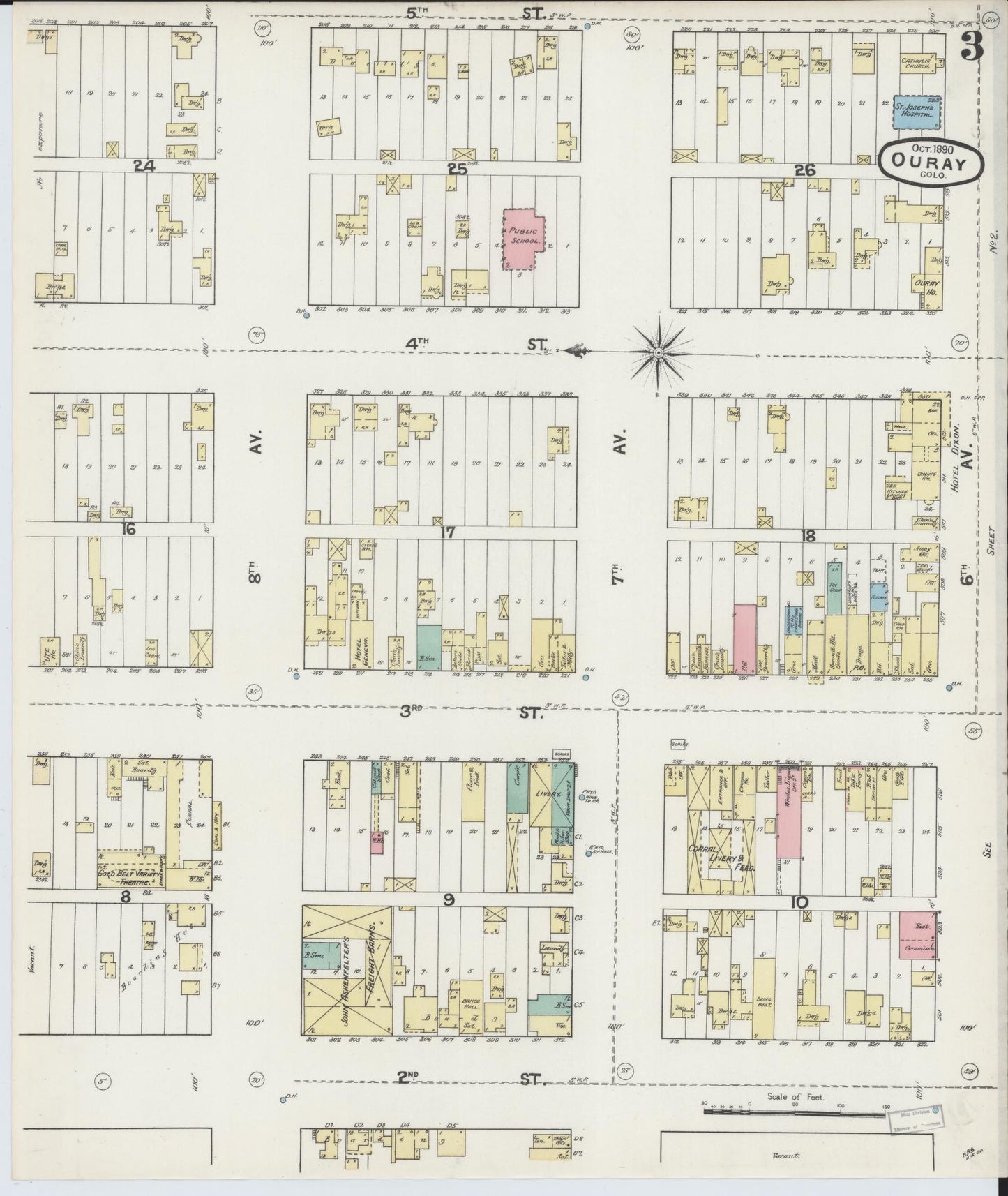 Sanborn Fire Insurance Map from Ouray, Ouray County, Colorado (1890), Sheet #0003 - Historic Sanborn Fire Insurance Map Print, vintage old map wall art, antique decor, genealogy gift, Colorado Colorado map