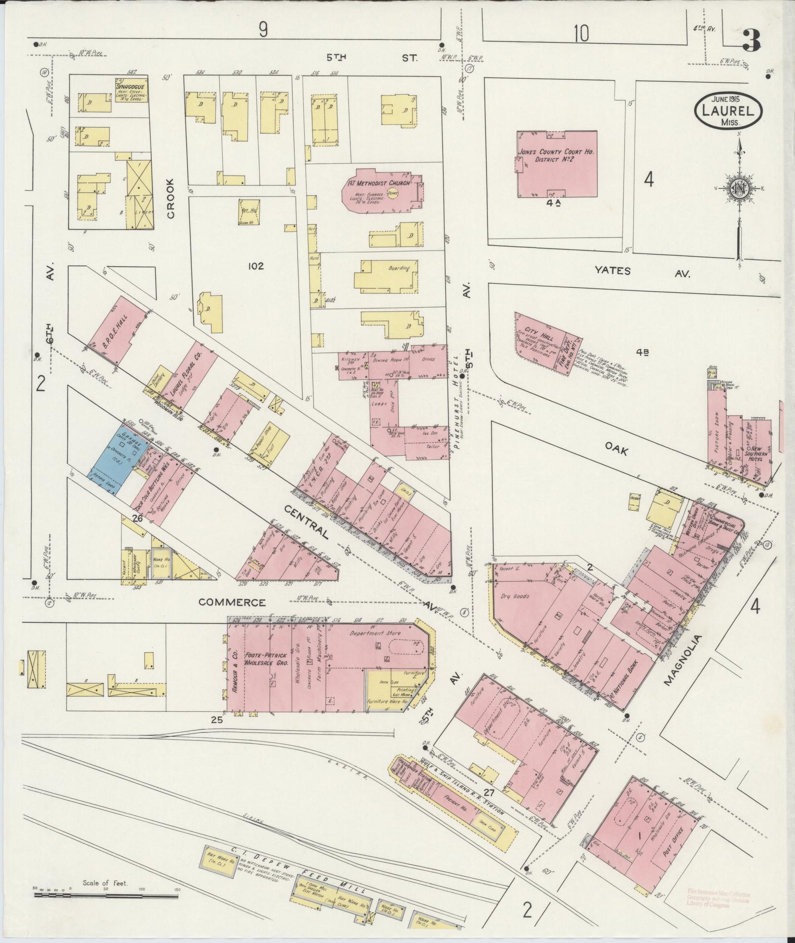 Sanborn Fire Insurance Map from Laurel, Jones County, Mississippi (1915), Sheet #0003 - Complete Map Set gallery image, historic Sanborn map, vintage wall art, Mississippi Mississippi