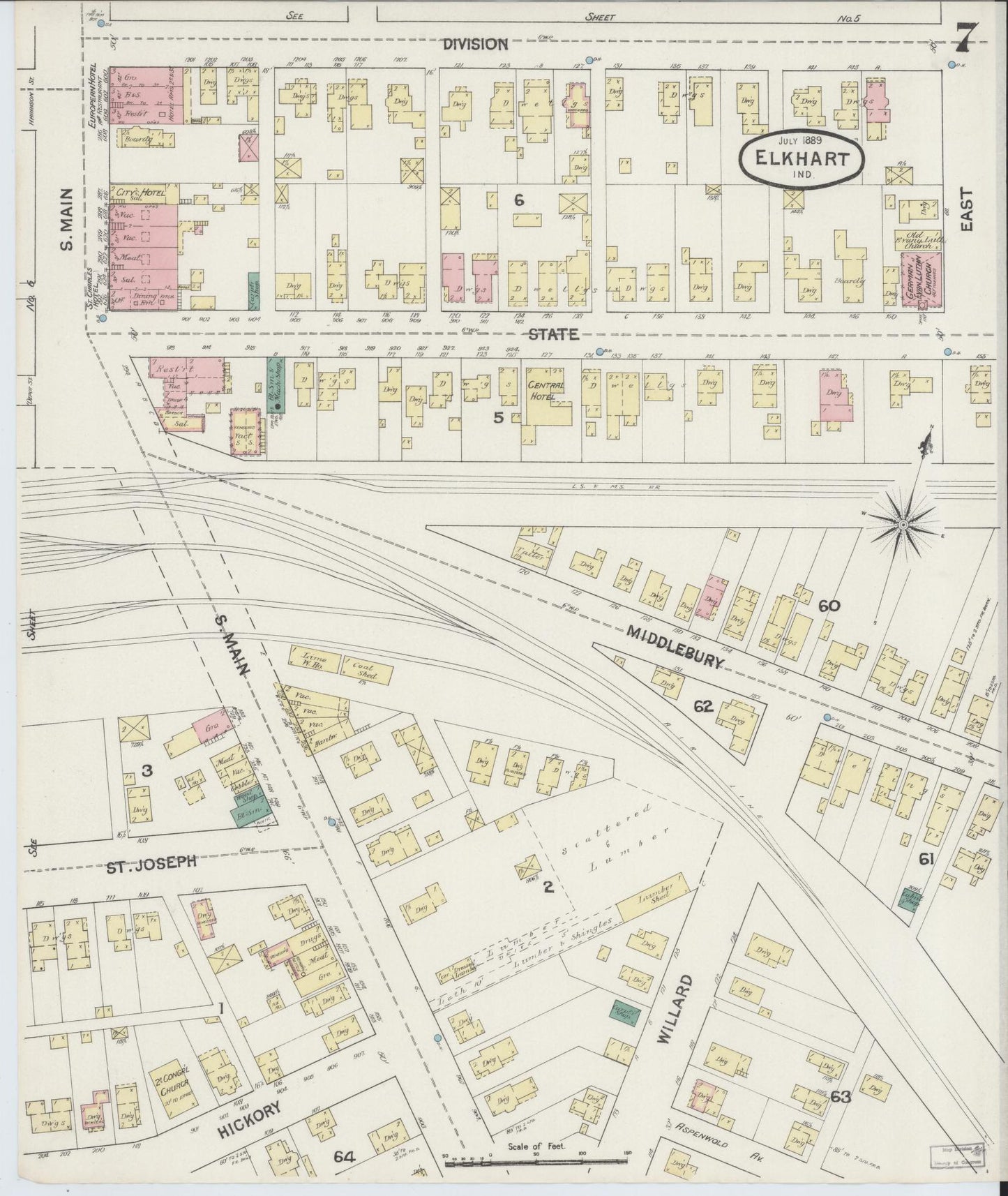 Sanborn Fire Insurance Map from Elkhart, Elkhart County, Indiana (1889), Sheet #0007 - Complete Map Set gallery image, historic Sanborn map, vintage wall art, Indiana Indiana