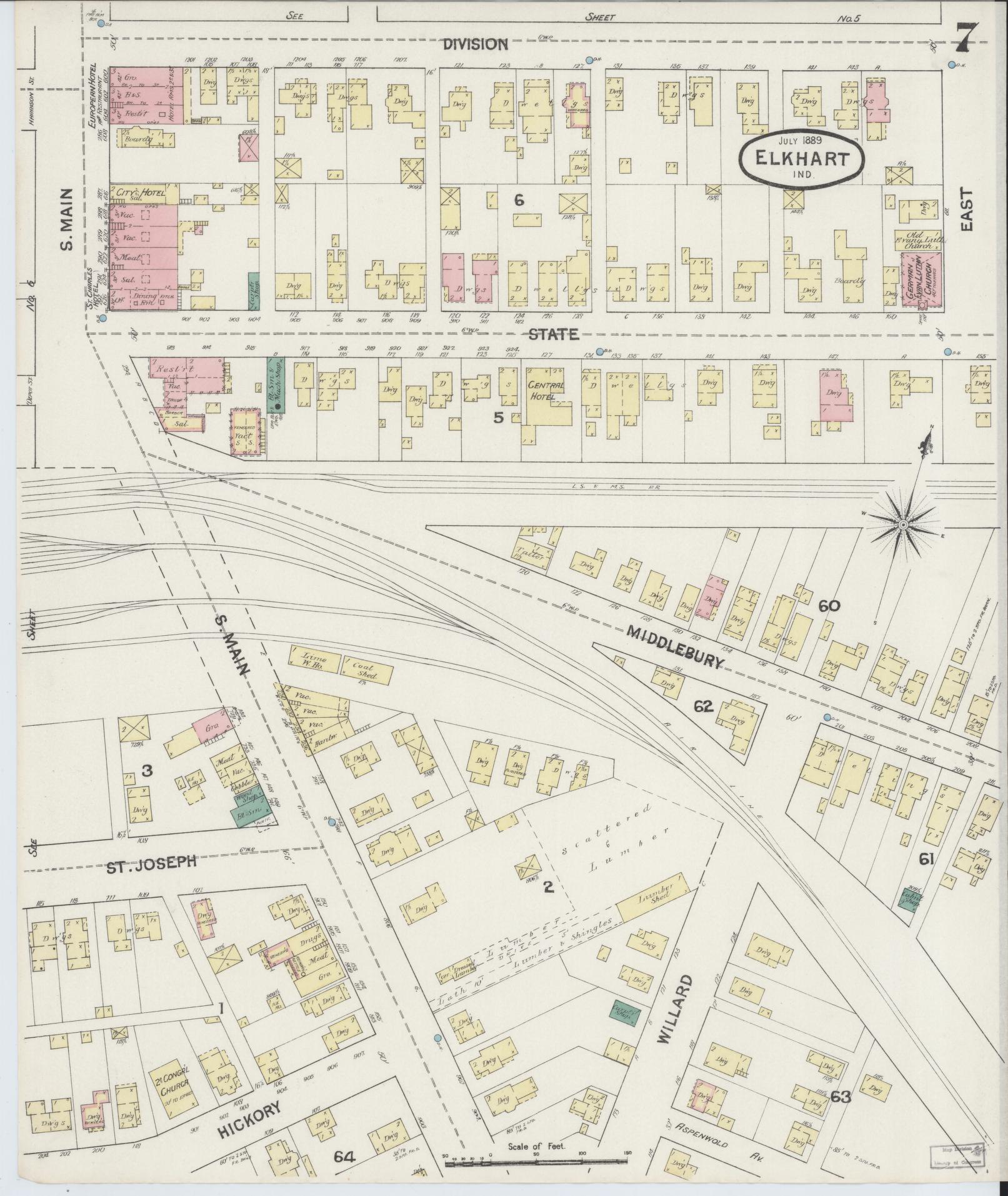 Sanborn Fire Insurance Map from Elkhart, Elkhart County, Indiana (1889), Sheet #0007 - Complete Map Set gallery image, historic Sanborn map, vintage wall art, Indiana Indiana