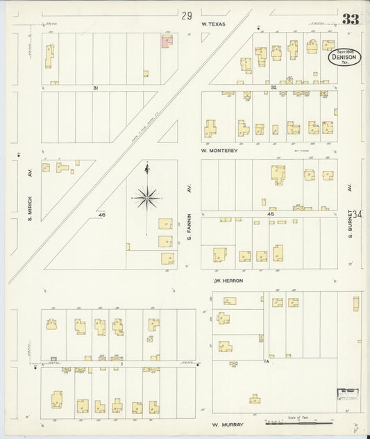 Sanborn Fire Insurance Map from Denison, Grayson County, Texas (1908), Sheet #0033 - Historic Sanborn Fire Insurance Map Print, vintage old map wall art, antique decor, genealogy gift, Texas Texas map