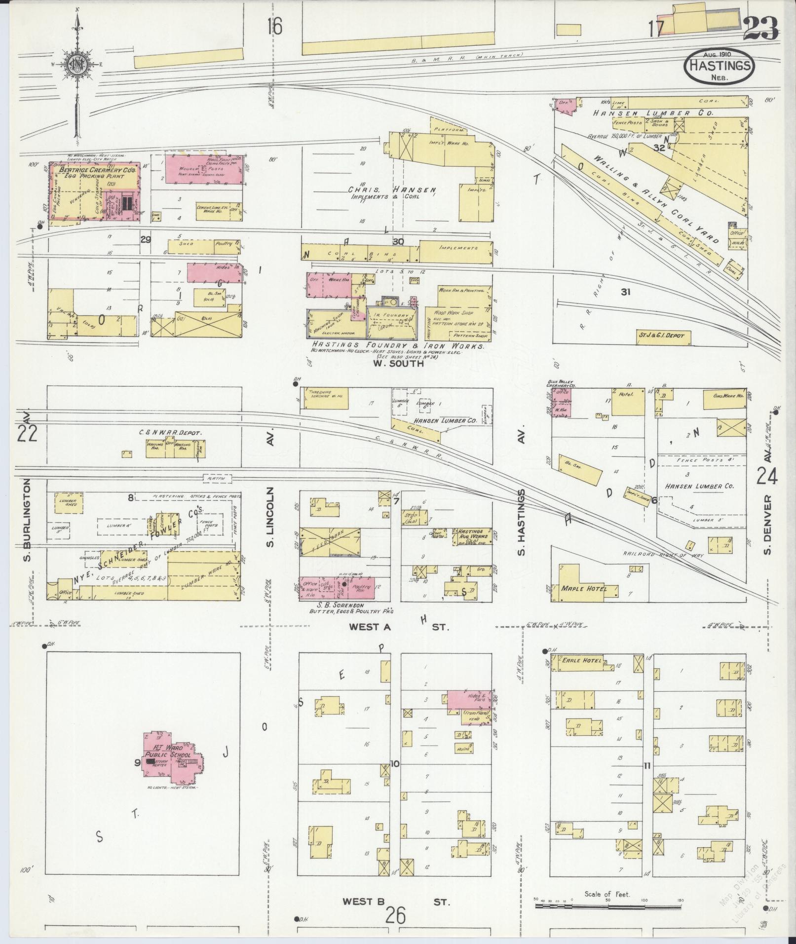 Sanborn Fire Insurance Map from Hastings, Adams County, Nebraska (1910), Sheet #0023 - Complete Map Set gallery image, historic Sanborn map, vintage wall art, Nebraska Nebraska