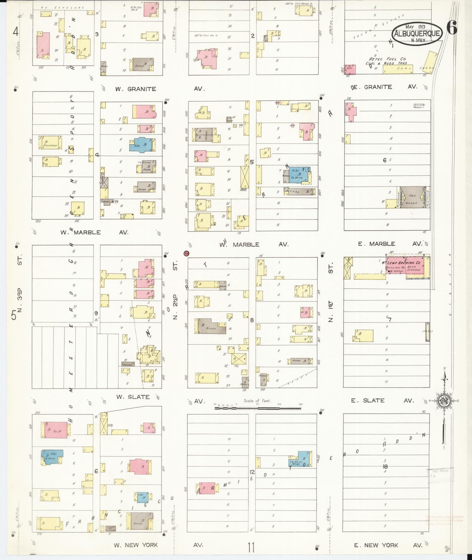 Sanborn Fire Insurance Map from Albuquerque, Bernalillo County, New Mexico (1913), Sheet #0006 - Historic Sanborn Fire Insurance Map Print, vintage old map wall art, antique decor, genealogy gift, New Mexico New Mexico map