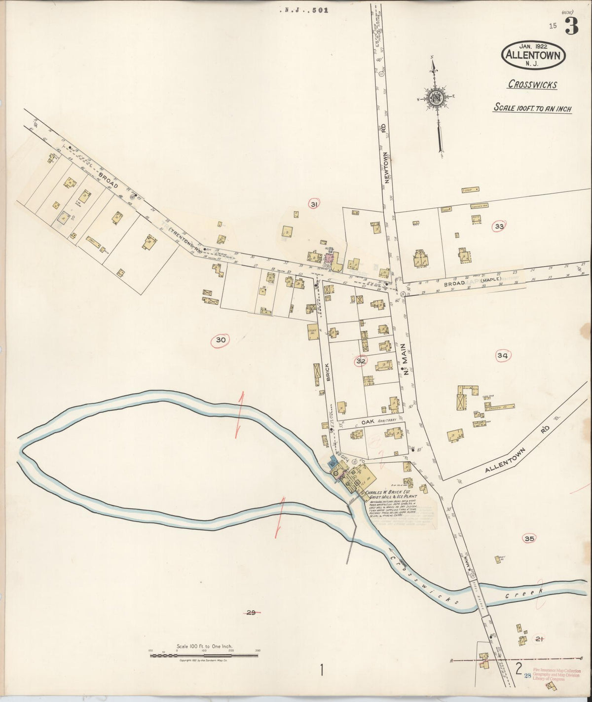Sanborn Fire Insurance Map from Allentown, Monmouth County, New Jersey (1940), Sheet #0003 - Historic Sanborn Fire Insurance Map Print, vintage old map wall art, antique decor, genealogy gift, New Jersey New Jersey map