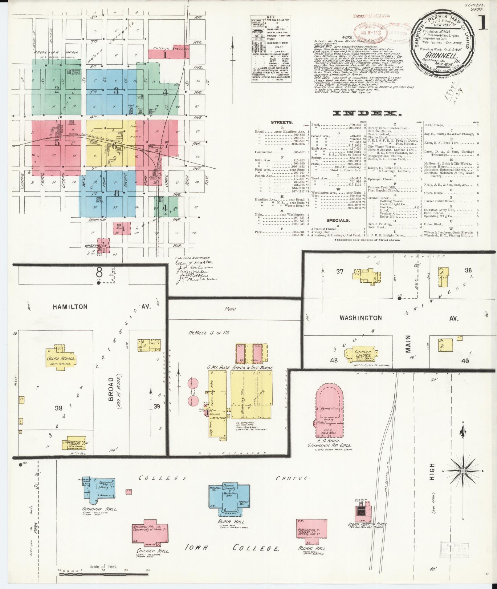 Sanborn Fire Insurance Map from Grinnell, Poweshiek County, Iowa (1898), Sheet #0001 - Historic Sanborn Fire Insurance Map Print, vintage old map wall art