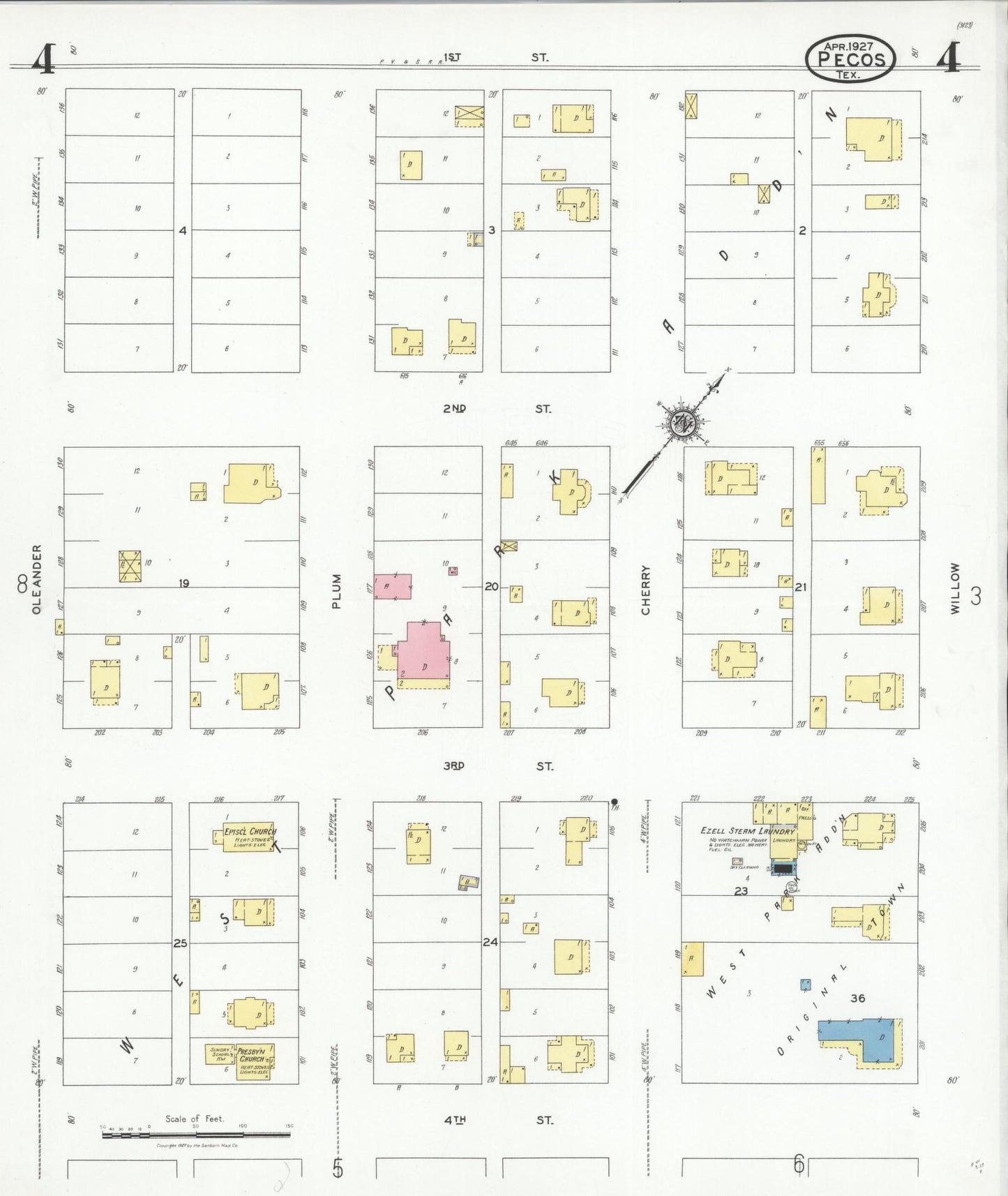 Sanborn Fire Insurance Map from Pecos, Reeves County, Texas (1927), Sheet #0004 - Historic Sanborn Fire Insurance Map Print, vintage old map wall art, antique decor, genealogy gift, Texas Texas map