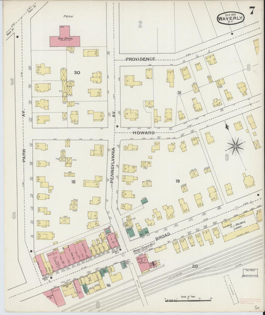 Sanborn Fire Insurance Map from Waverly, Tioga County, New York (1893), Sheet #0007 - Historic Sanborn Fire Insurance Map Print, vintage old map wall art, antique decor, genealogy gift, New York New York map