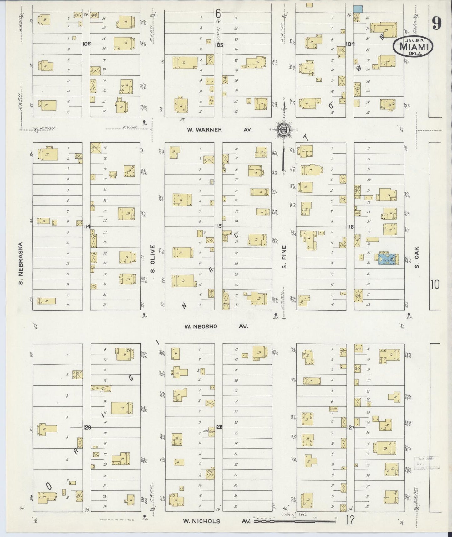 Sanborn Fire Insurance Map from Miami, Ottawa County, Oklahoma (1917), Sheet #0009 - Historic Sanborn Fire Insurance Map Print, vintage old map wall art, antique decor, genealogy gift, Oklahoma Oklahoma map