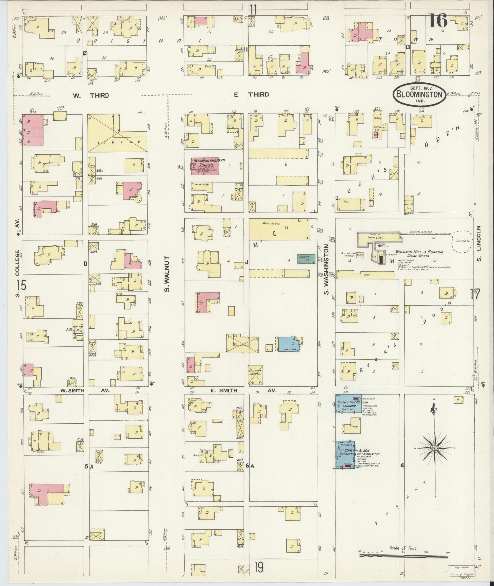 Sanborn Fire Insurance Map from Bloomington, Monroe County, Indiana (1907), Sheet #0016 - Historic Sanborn Fire Insurance Map Print, vintage old map wall art, antique decor, genealogy gift, Indiana Indiana map
