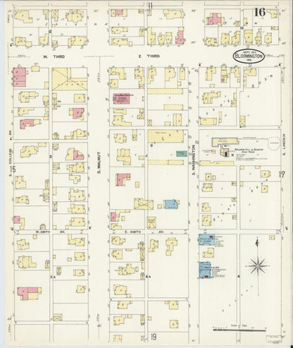 Sanborn Fire Insurance Map from Bloomington, Monroe County, Indiana (1907), Sheet #0016 - Historic Sanborn Fire Insurance Map Print, vintage old map wall art, antique decor, genealogy gift, Indiana Indiana map