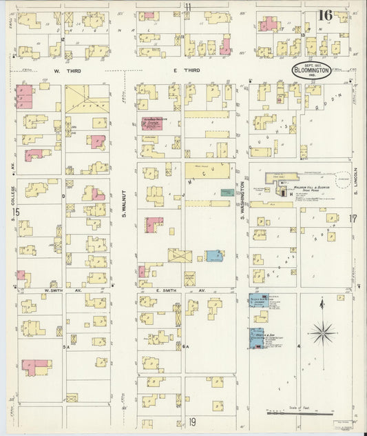 Sanborn Fire Insurance Map from Bloomington, Monroe County, Indiana (1907), Sheet #0016 - Historic Sanborn Fire Insurance Map Print, vintage old map wall art, antique decor, genealogy gift, Indiana Indiana map