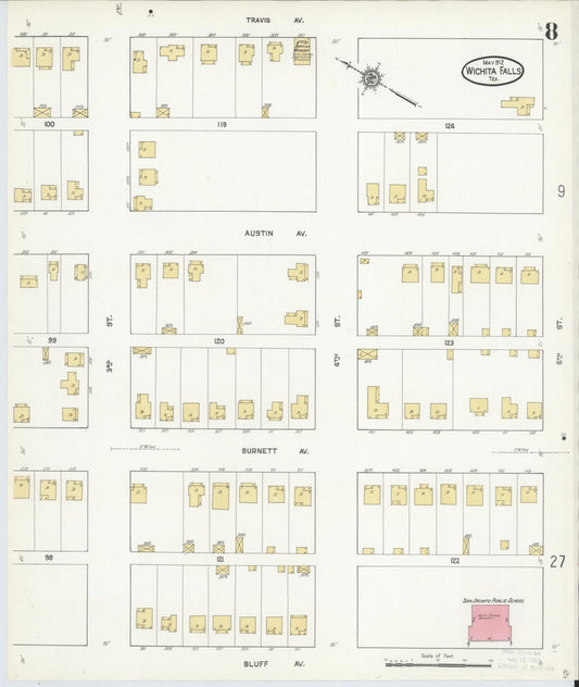 Sanborn Fire Insurance Map from Wichita Falls, Wichita County, Texas (1912), Sheet #0008 - Historic Sanborn Fire Insurance Map Print, vintage old map wall art, antique decor, genealogy gift, Texas Texas map