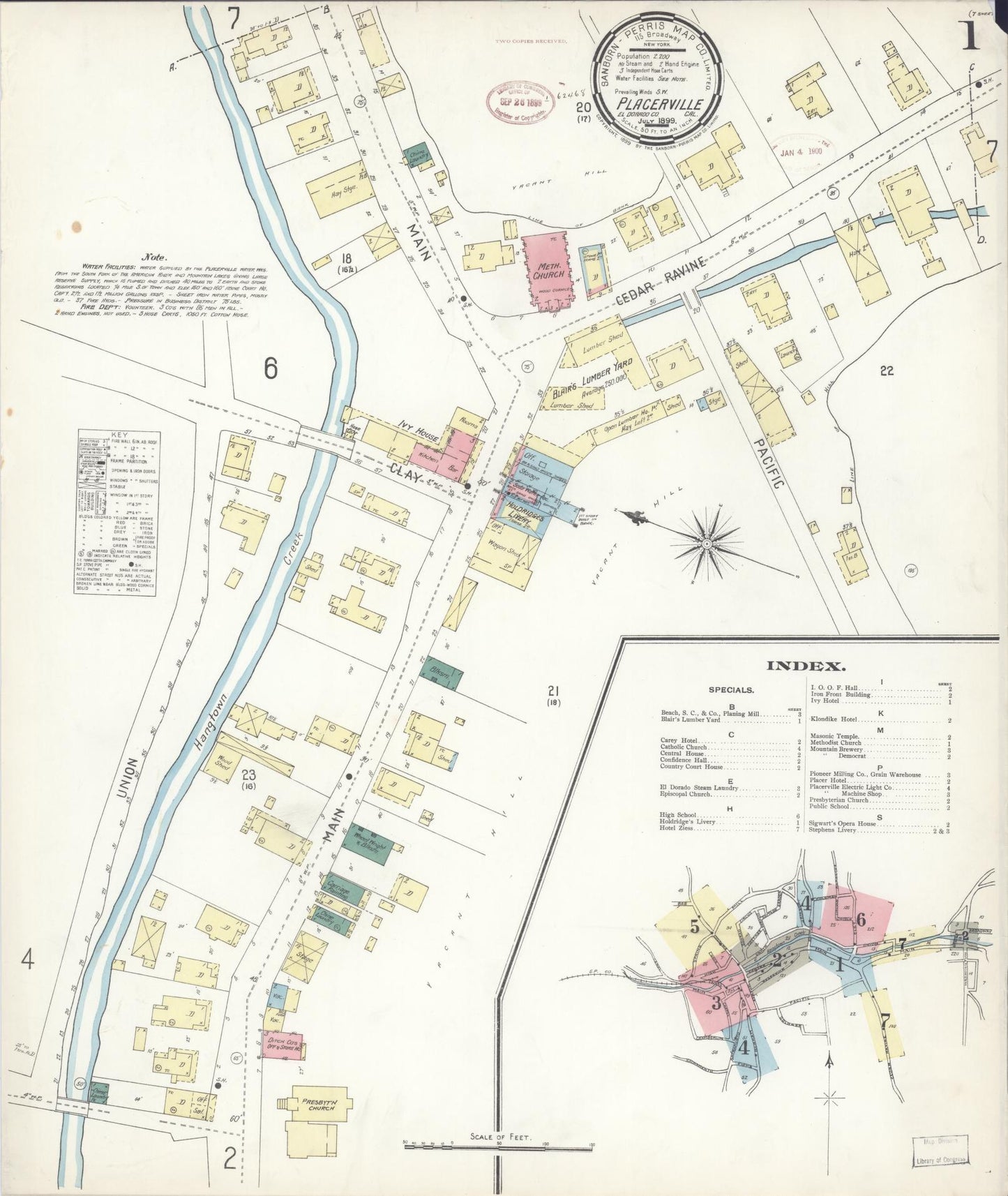 Sanborn Fire Insurance Map from Placerville, El Dorado County, California (1899), Sheet #0001 - Complete Map Set gallery image, historic Sanborn map, vintage wall art, California California