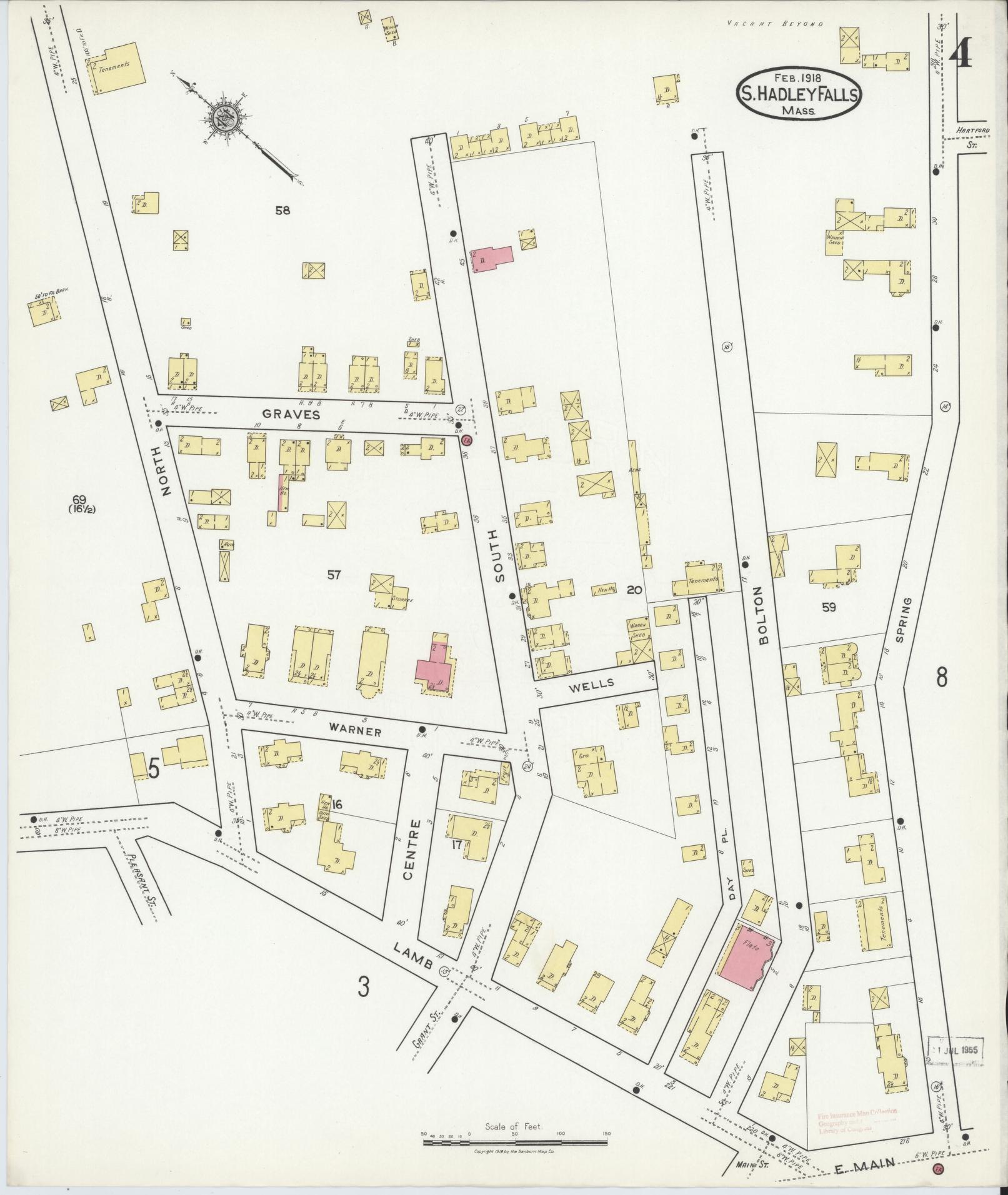 Sanborn Fire Insurance Map from South Hadley Falls, Hampshire County, Massachusetts (1918), Sheet #0004 - Historic Sanborn Fire Insurance Map Print, vintage old map wall art, antique decor, genealogy gift, Massachusetts Massachusetts map