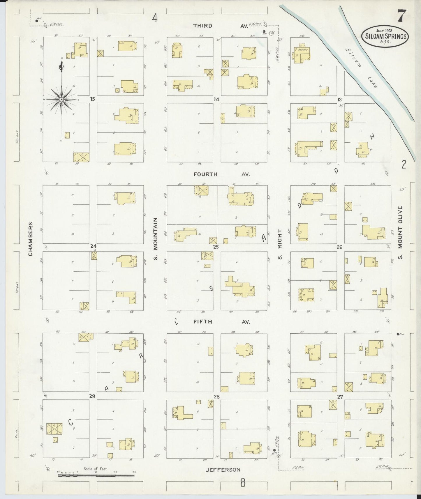 Sanborn Fire Insurance Map from Siloam Springs, Benton County, Arkansas (1908), Sheet #0007 - Complete Map Set gallery image, historic Sanborn map, vintage wall art, Arkansas Arkansas