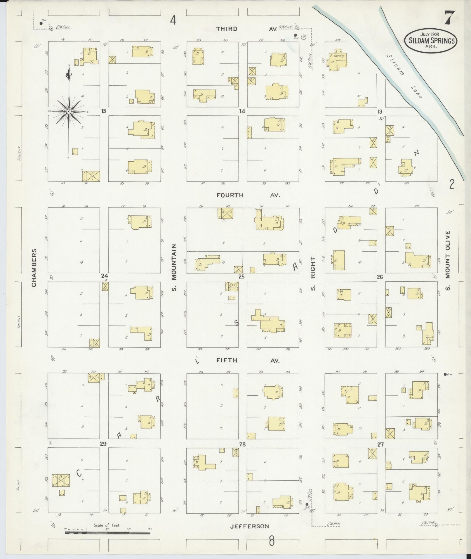 Sanborn Fire Insurance Map from Siloam Springs, Benton County, Arkansas (1908), Sheet #0007 - Complete Map Set gallery image, historic Sanborn map, vintage wall art, Arkansas Arkansas