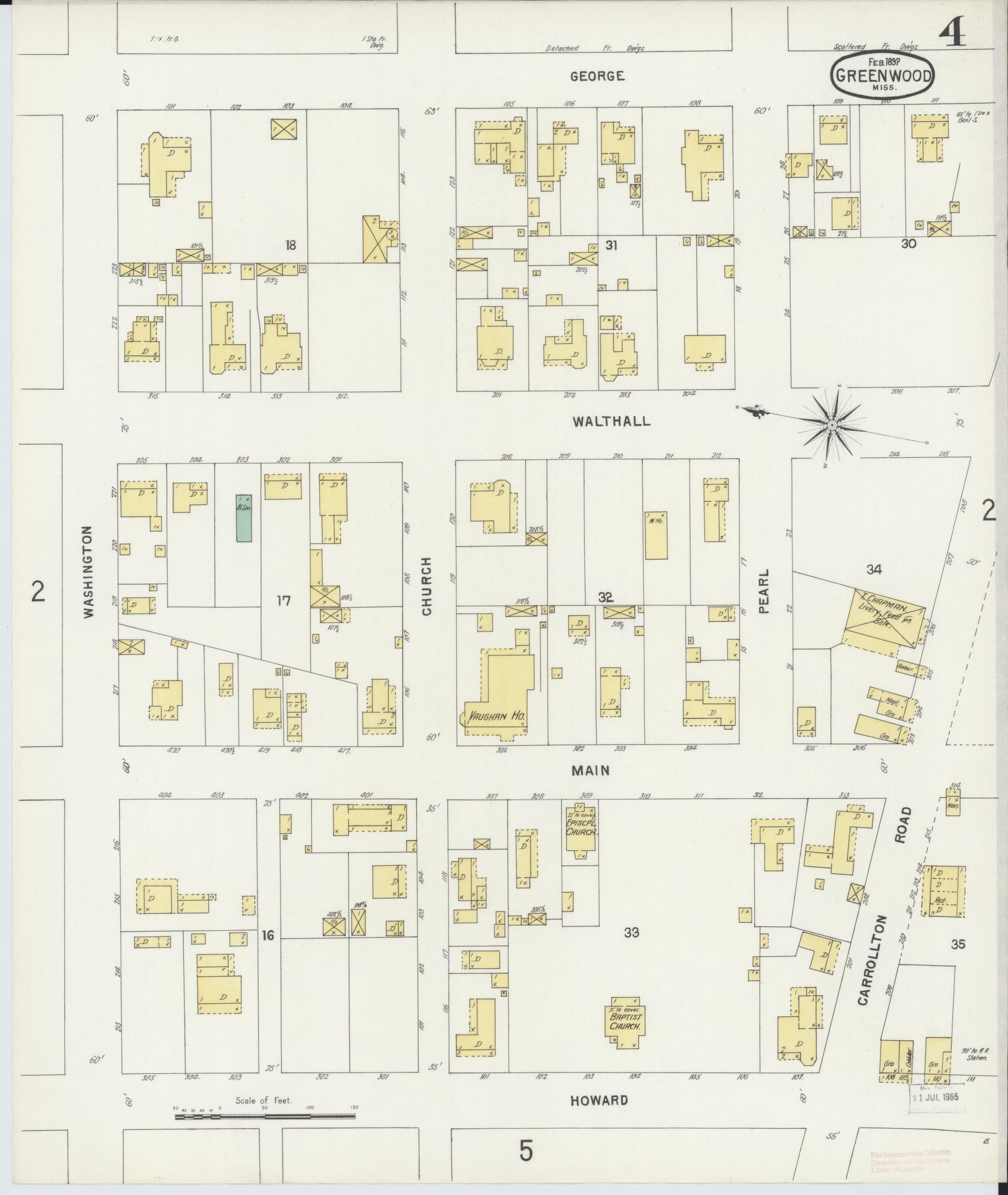Sanborn Fire Insurance Map from Greenwood, Leflore County, Mississippi (1897), Sheet #0004 - Historic Sanborn Fire Insurance Map Print, vintage old map wall art, antique decor, genealogy gift, Mississippi Mississippi map