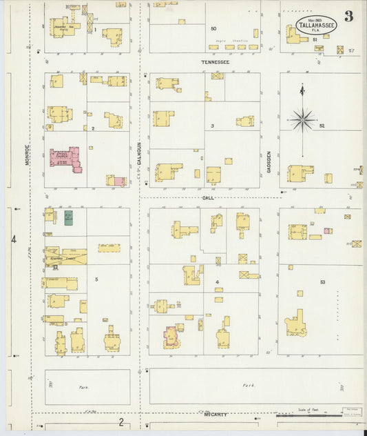 Sanborn Fire Insurance Map from Tallahassee, Leon County, Florida (1903), Sheet #0003 - Historic Sanborn Fire Insurance Map Print, vintage old map wall art, antique decor, genealogy gift, Florida Florida map