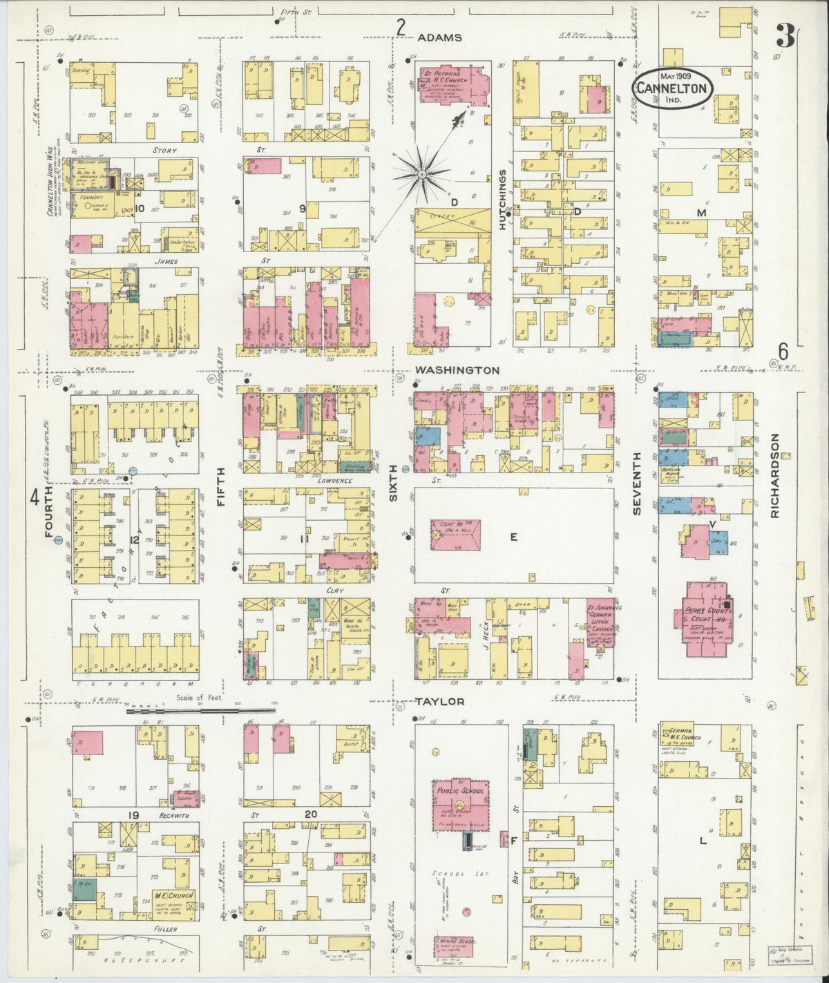 Sanborn Fire Insurance Map from Cannelton, Perry County, Indiana (1909), Sheet #0003 - Historic Sanborn Fire Insurance Map Print, vintage old map wall art, antique decor, genealogy gift, Indiana Indiana map
