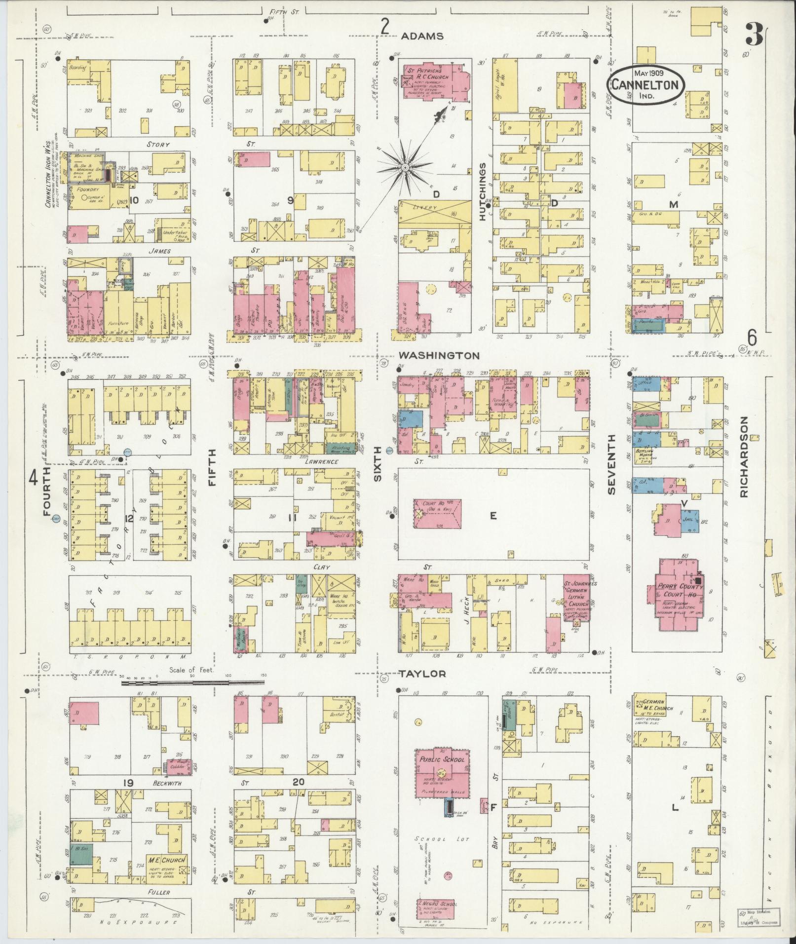 Sanborn Fire Insurance Map from Cannelton, Perry County, Indiana (1909), Sheet #0003 - Historic Sanborn Fire Insurance Map Print, vintage old map wall art, antique decor, genealogy gift, Indiana Indiana map
