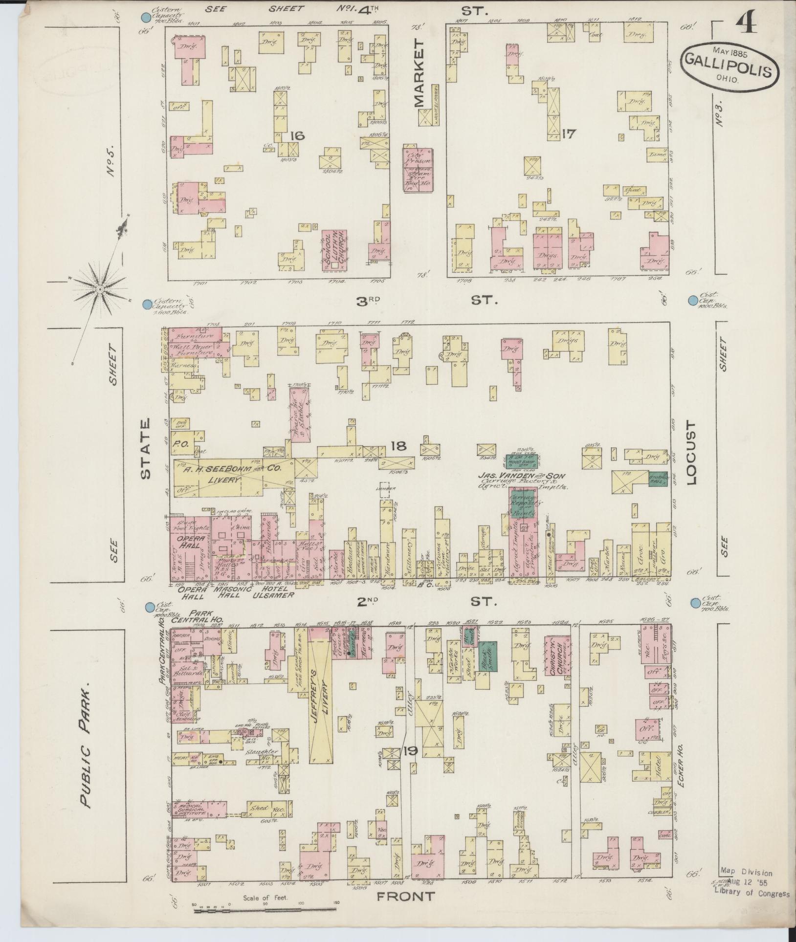 Sanborn Fire Insurance Map from Gallipolis, Gallia County, Ohio (1885), Sheet #0004 - Historic Sanborn Fire Insurance Map Print, vintage old map wall art, antique decor, genealogy gift, Ohio Ohio map