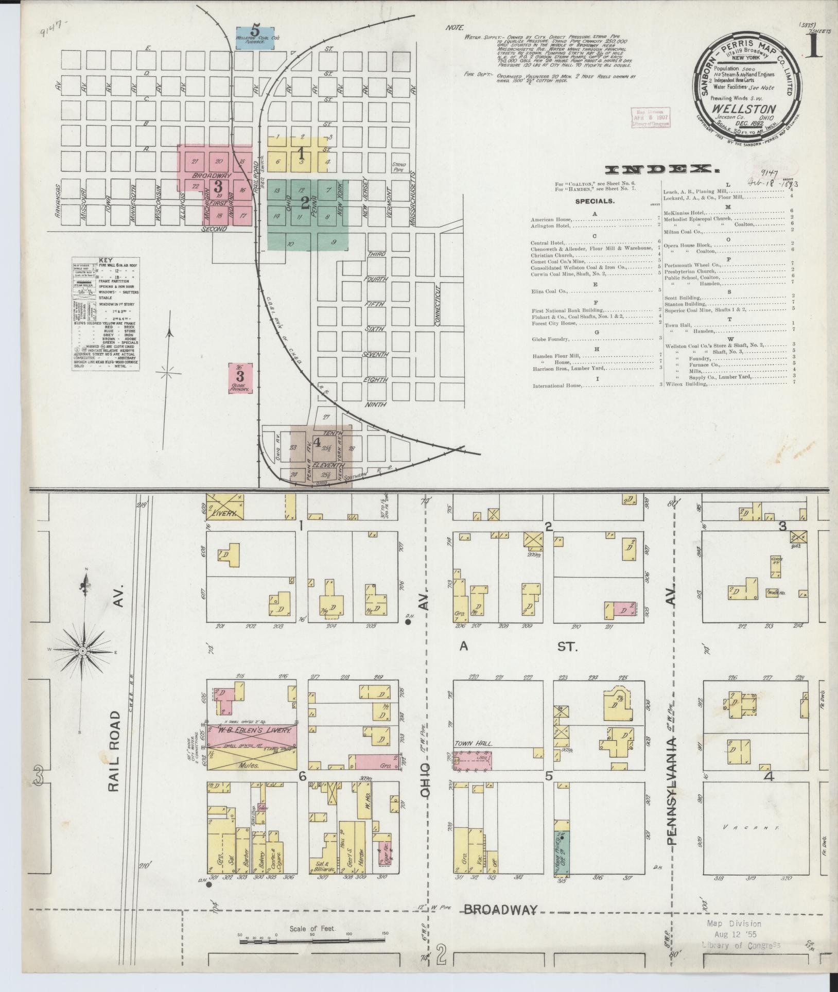 Sanborn Fire Insurance Map from Wellston, Jackson County, Ohio (1892), Sheet #0001 - Complete Map Set gallery image, historic Sanborn map, vintage wall art, Ohio Ohio