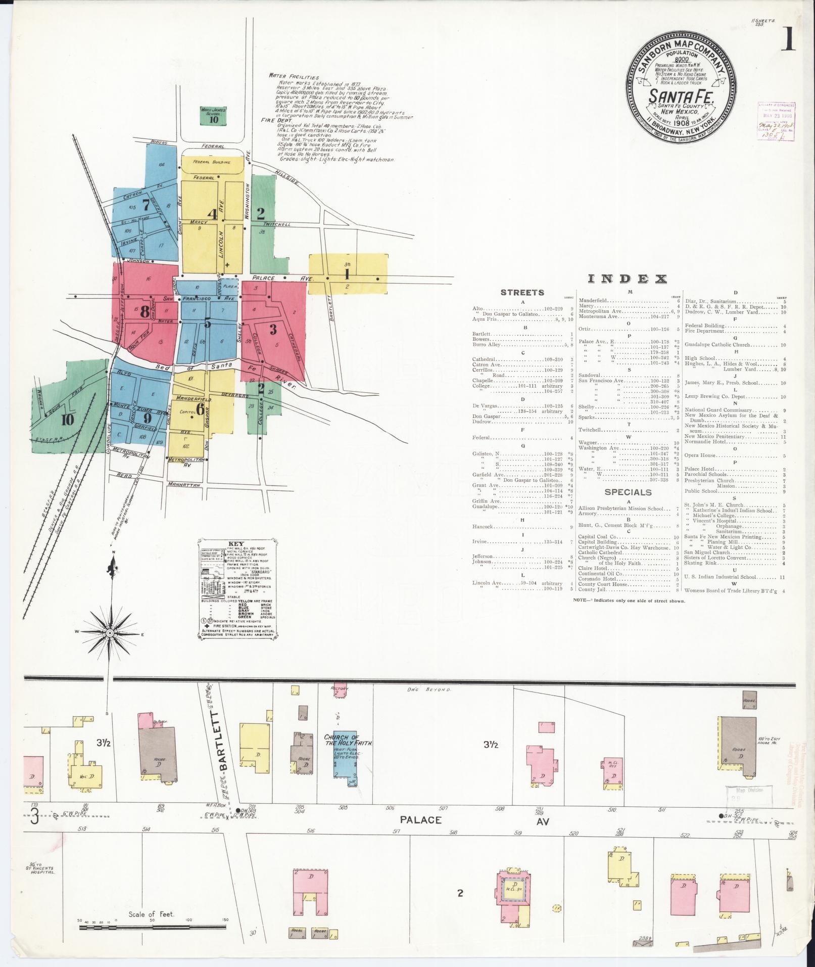 Sanborn Fire Insurance Map from Santa Fe, Santa Fe County, New Mexico (1908), Sheet #0001 - Complete Map Set gallery image, historic Sanborn map, vintage wall art, New Mexico New Mexico